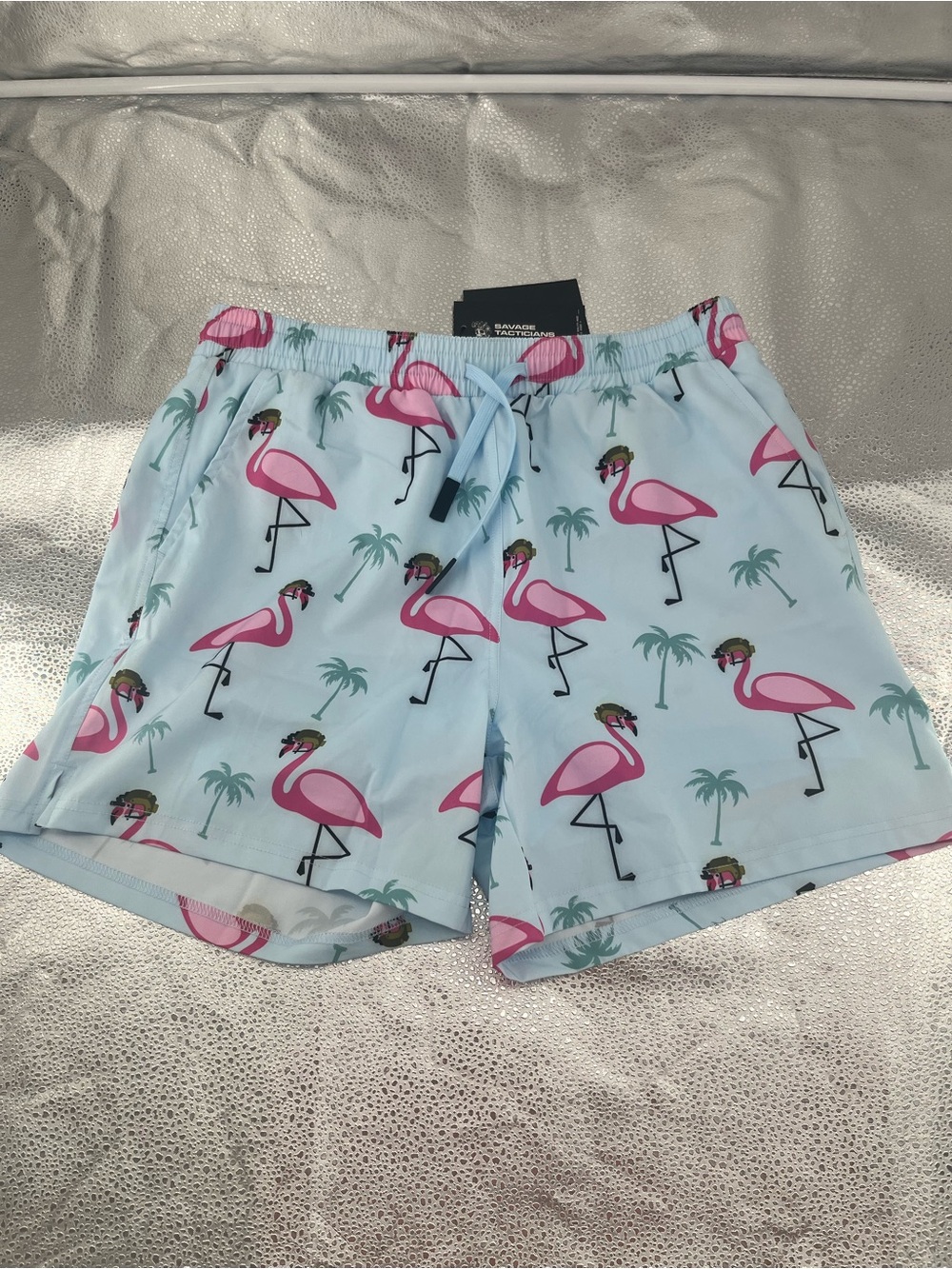 Savage Tacticians Men's Swim Trunks with Tactical Flamingo Print Size L